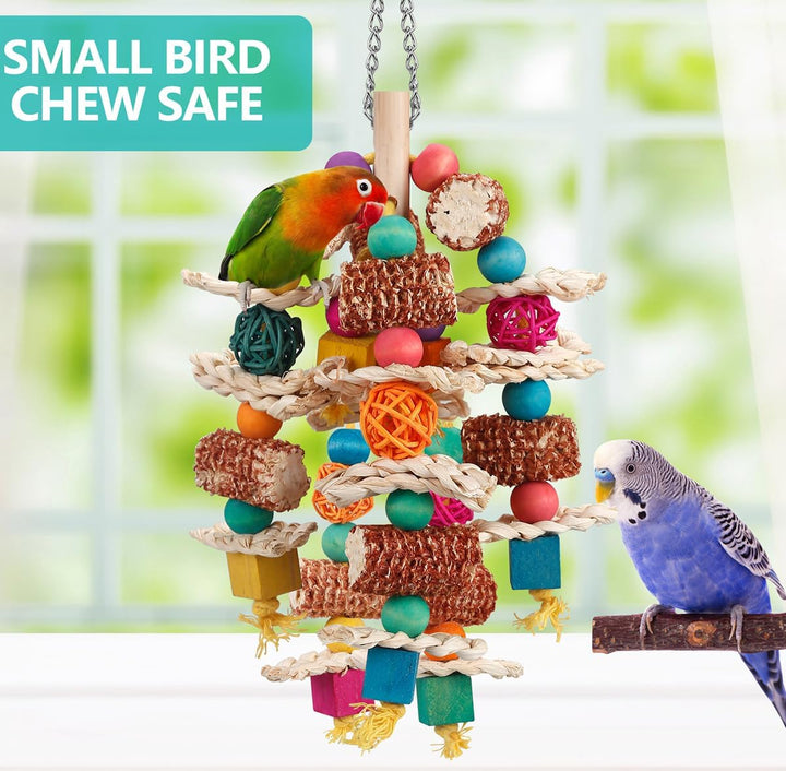 Parrot Toys Bird Toys Natural Corn Cob Bird Chew Toys for Small and Medium-Sized Macaws,African Grey,Cockatoos,Amazon Parrots,Parakeet,Cockatiel,Sun Conure, Lovebird with Wooden Blocks