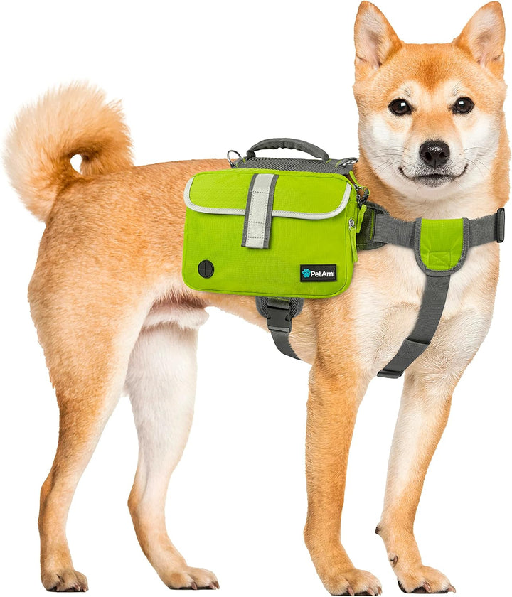 Dog Backpack for Medium Large Dogs, Dog Saddle Bag for Dogs to Wear, Harness Saddlebag with Reflective Safety Side Pockets for Hiking, Camping, Vest Dog Pack for Travel (Green, Medium)