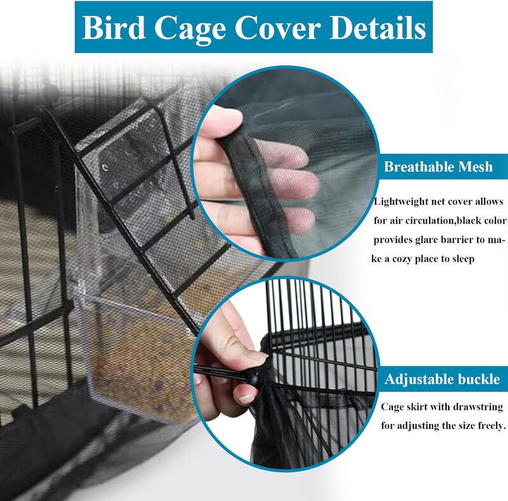 Large Bird Cage Seed Cather,Bird Cage Cover Adjustable Soft Airy Skirt Guard Birdcage Nylon Mesh Net for Parrot Parakeet Macaw African round Square Cages Cover (118 * 31.5In/300 * 80Cm) (Black)
