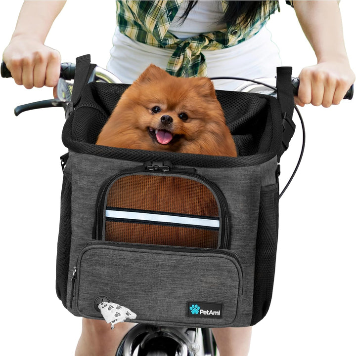 Dog Bike Basket, Soft-Sided Ventilated Dog Bike Carrier Backpack, Pet Bicycle Basket for Bike Handlebar, Small Medium Puppy Cat Kitten Car Booster Seat with Safety Strap, Max 18 Lbs, Dark Gray
