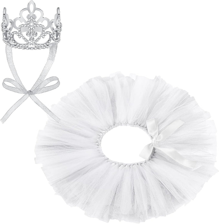 2 Pcs Dog Crown Headband Dog Tutu Dress Set Crystal Rhinestone Tiara Crown Tutu Skirt Pet Dress Costume for Puppy Birthday Party Wedding Photo Prop Costume(X-Large,Rose Red, White)