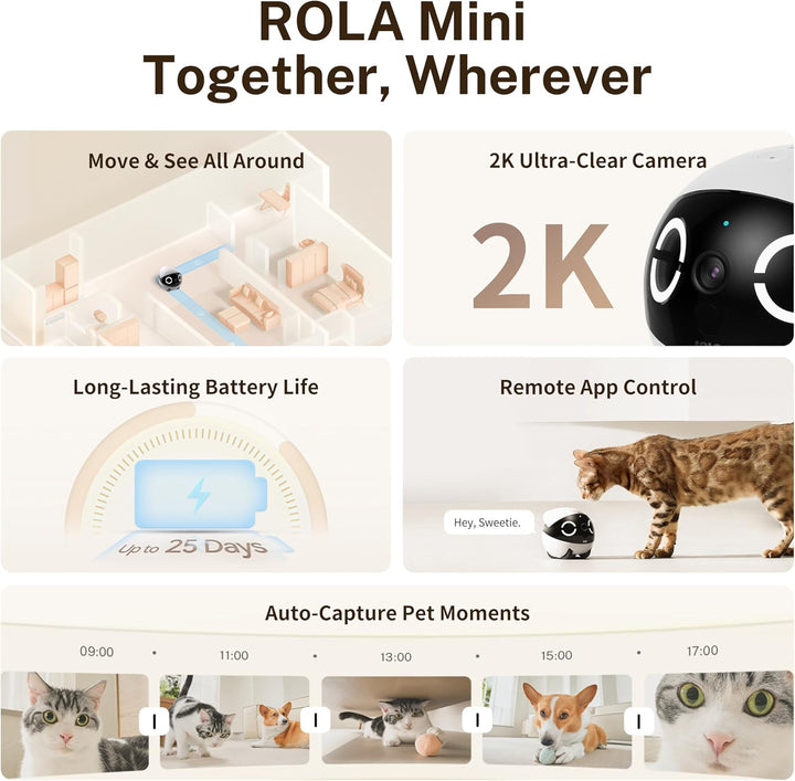 2K Camera Robot ROLA Mini: Movable Pet Camera Battery-Powered with Phone App, Indoor Cam W/One-Touch Call, 2-Way Talk, Night Vision, Motion Detection, Video Recording
