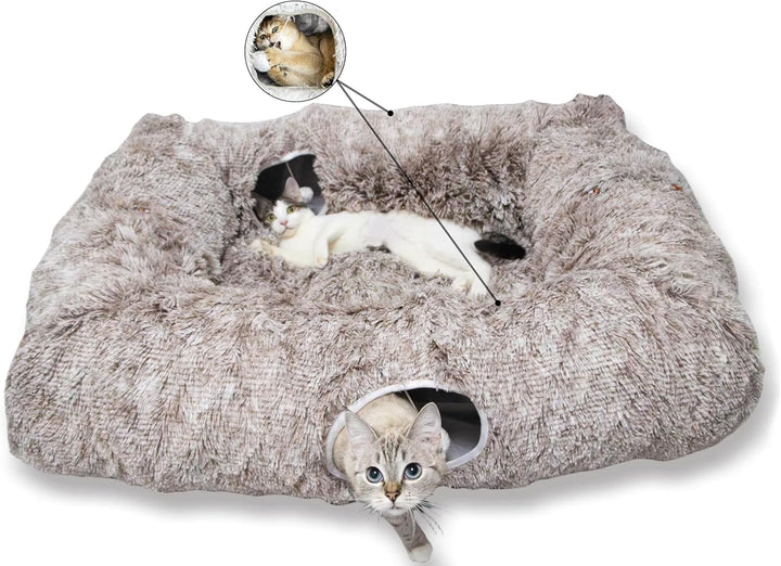 4 Cave Shuttled XL Cat Tunnel Bed for Indoor Cats Peekaboo Toy Donut with Warm Mat