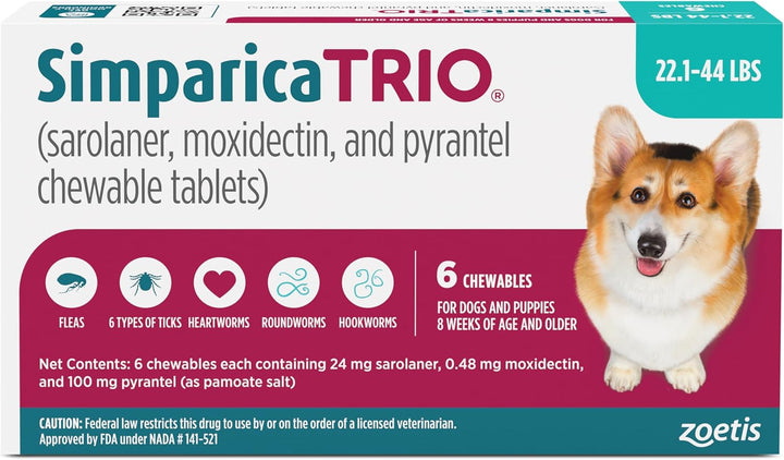 (Sarolaner, Moxidectin, and Pyrantel Chewable Tablets) Chewables for Dogs, 48 Mg/Tab, 44.1-88 Lbs, (Green), 6 Tablets