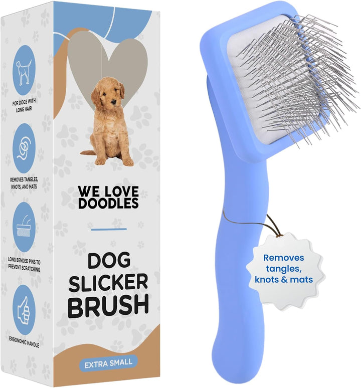 Slicker Brush for Dogs, Dog Grooming Supplies - Best Doodle & Poodle Brush for Long Haired Dogs - Goldendoodle Long Pin Detangler for Dematting (Large Curved)