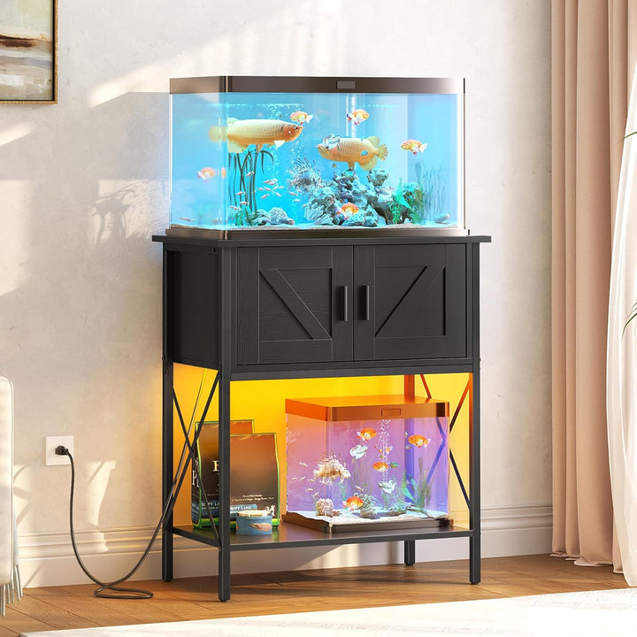 20 Gallon Fish Tank Stand with Power Outlets and LED Light, Metal Frame Aquarium Stand, Reptile, Turtle Tank Stand with Cabinet Storage, 27.6'' L X 15.7'' W, 300 LBS Capacity, Black BB40UDFT01