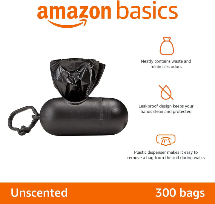 Dog Poop Bags with Dispenser, 300 Count, Enhanced for Guaranteed Leakproof, Unscented, Includes Leash Clip
