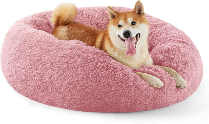 Calming Dog Bed Medium Size Dog - Donut Washable Medium Pet Bed, 30 Inches Anti-Slip round Fluffy Plush Faux Fur Cat Bed, Fits up to 45 Lbs Pets, Camel