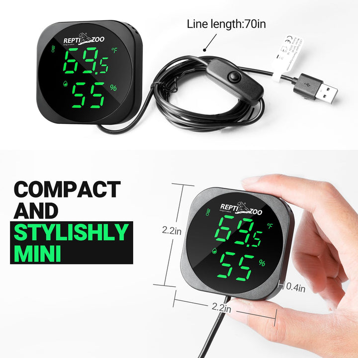 Thermometer Hygrometer, LED Digital Thermo Hygrometer for Reptile Terrarium Pet Rearing Box, Reptile Tank Thermometer with 55.2" Cable USB Power Supply