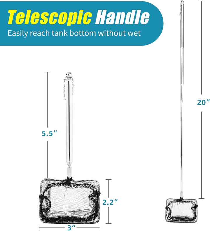 Aquarium Net with Extendable Long Handle, Adjustable Wastes Skimming Cleaning Tools for Fish Tanks, 3 Inch