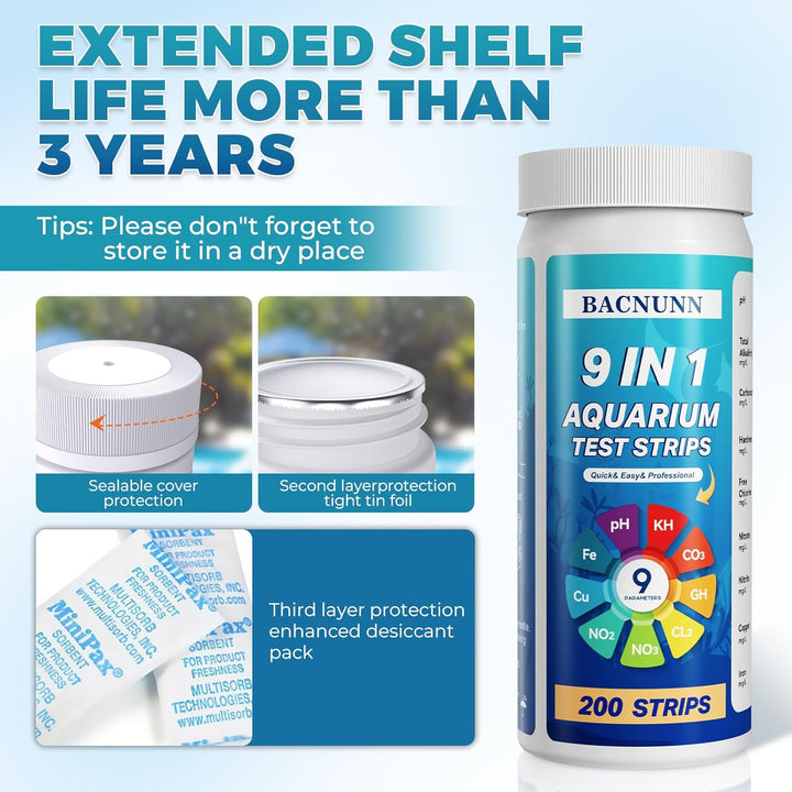 Aquarium Test Strips: 200CT 9 in 1 Quick & Accurate Fish Tank Water Testing Kit for Freshwater Pond Testing Nitrate Nitrite Hardness Free Chlorine Ph Carbonate Total Alkalinity Copper Iron