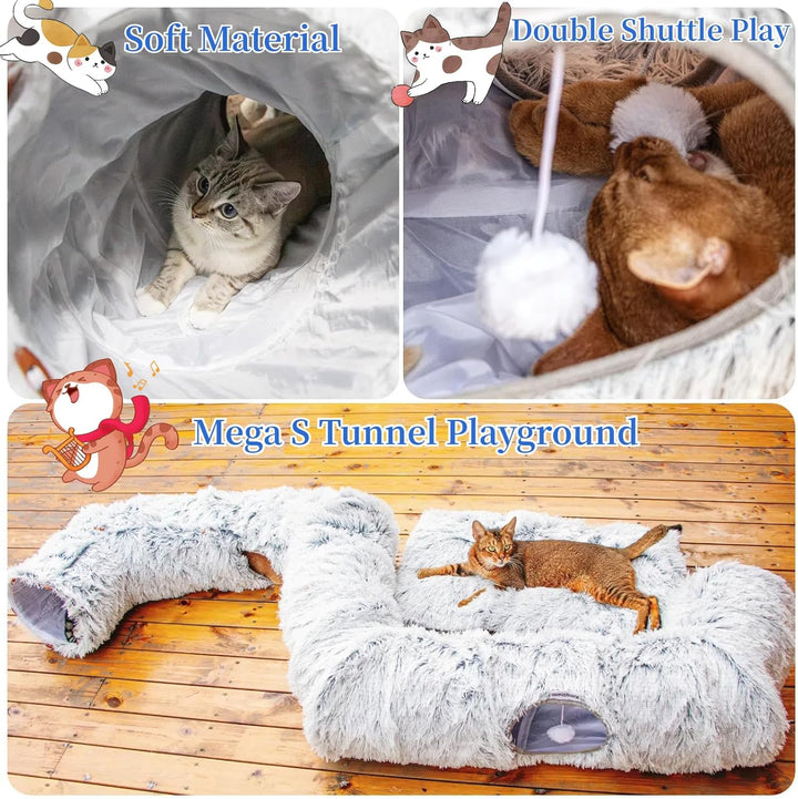 4 Cave Shuttled XL Cat Tunnel Bed for Indoor Cats Peekaboo Toy Donut with Warm Mat
