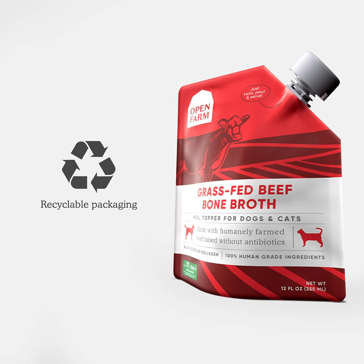 Bone Broth, Food Topper for Both Dogs and Cats with Responsibly Sourced Meat and Superfoods without Artificial Flavors or Preservatives, 12Oz (Grass-Fed Beef)