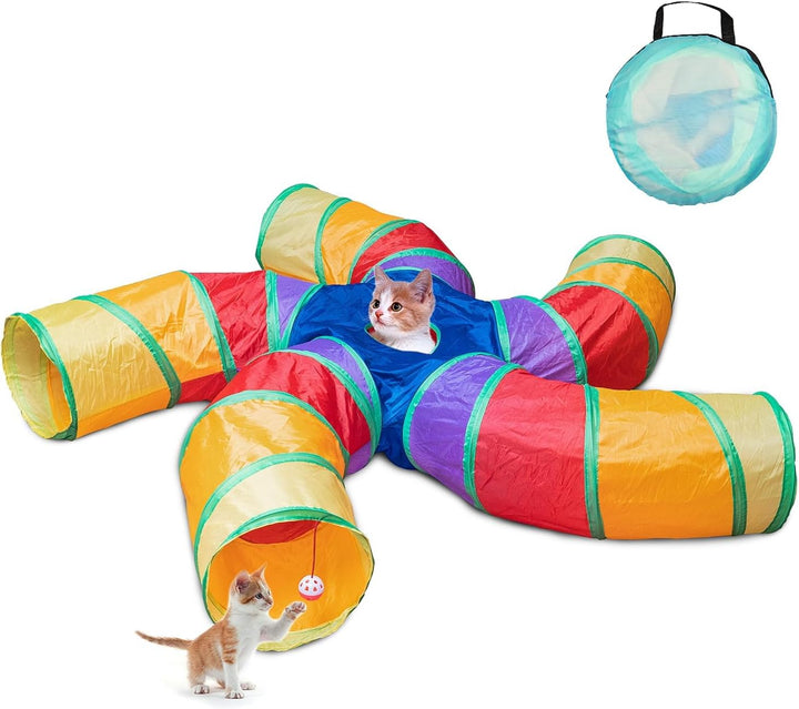 Cat Tunnel for Indoor Cats, 5 Way Large Cat Play Tunnel & Tube with Play Ball, S-Shaped Folded Pet Tube with Interactive Peephole, Ideal for Indoor Exercise for Kittens Puppies Rabbits