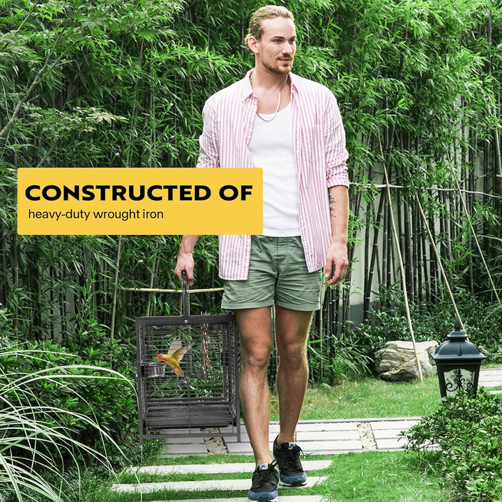 19 Inch Wrought Iron Bird Travel Carrier Cage for Parrots Conures Lovebird Cockatiel Parakeets Black