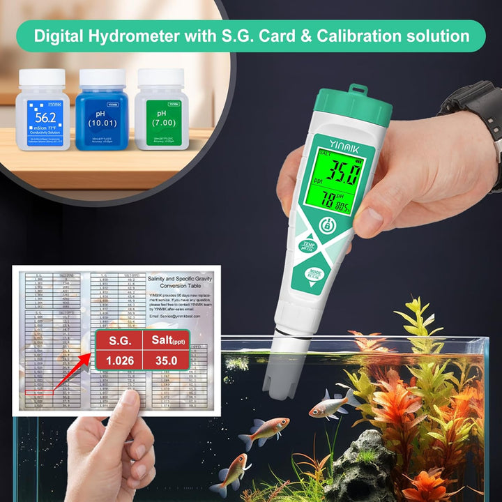 Aquarium Ph Salt Tester, Digital Salinity Meter for Freshwater & Saltwater Fish Tank, Simultaneous Display Salt Ph TDS for Koi Pond, Reef Tank, Aquaponics PPM Ph EC Reader, Hydrometer with S.G. Card
