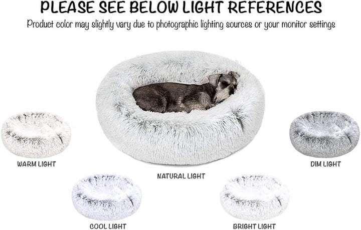 Donut Dog Bed Faux Fur Fluffy Calming Sofa for Medium Dogs, Soft & Plush anti Anxiety Pet Couch for Dogs, Machine Washable Coco Pet Bed with Non-Slip Bottom, 30"X30"X7" Ivory