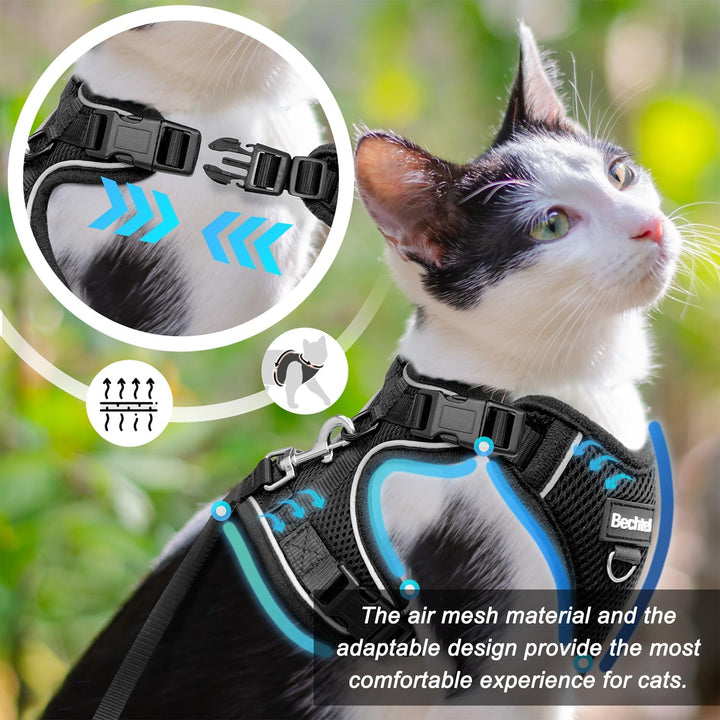 Cat Harness, Cat Harness and Leash for Walking, Adjusted in Four Directions and Breathable Cat Harness for anti Escape That Can Be Fitted and Positioned, Reflective Strips Harness, Black, S