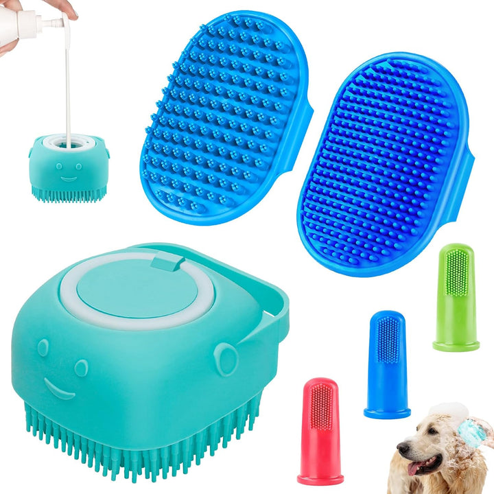 6PCS Dog Bath Brush & Dog Toothbrush | Adjustable Handle Shampoo Brush & Scrubber for Short & Long Haired Dogs & Cats | Effectively Solve Odor & Stain Removal Problems | Pet Supplies (Blue)