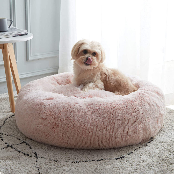 Calming Soft round Dog & Cat Bed, Anti-Anxiety Donut Cuddler Warming Cozy Fluffy Faux Fur Plush Cushion Bed for Small Medium Dogs and Cats (20"/24"/27"/30"), Light Grey