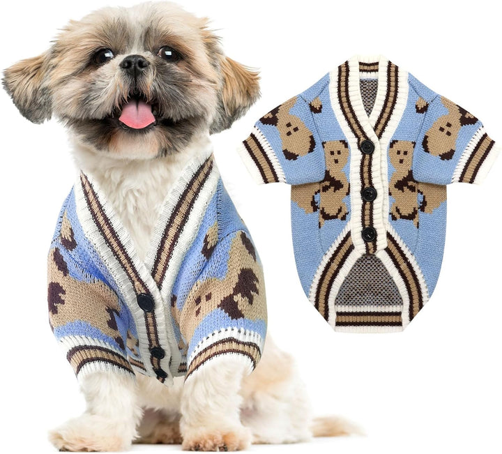 Small Dog Sweaters Cute Bear Dog Cardigans Clothes for Small Medium Dogs Boy Girl Puppy Cat Knitting Cardigan Outfits Dogs Winter Coats Warm Pet Doggy Clothes Soft Knitwear (Beige, Small)