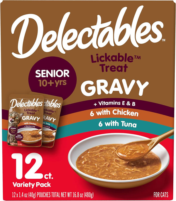 New! Delectables Lickable Treat Gravy Senior 10+ Variety Wet Cat Treat & Food Topper, Food Topper, Hydrating, Grain-Free, No Fillers, No By-Products, No Added Preservatives, 1.4-Oz Pouch, 12 Count