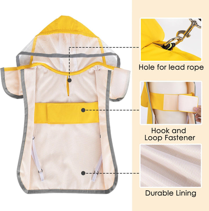 Dog Raincoat, Adjustable Dog Rain Jacket with Clear Hooded Double Layer for Large Medium Small Dogs Puppies, Waterproof Rain Coat Poncho with Reflective Storage Pocket & Rim (Yellow,M)