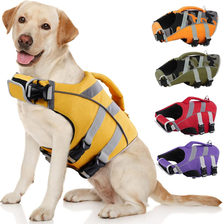 Dog Life Jacket with Reflective Stripes - Adjustable High Visibility Vest, Ripstop Lifesaver, Pet Preserver with High Flotation Swimsuit for Small, Medium and Large Dogs