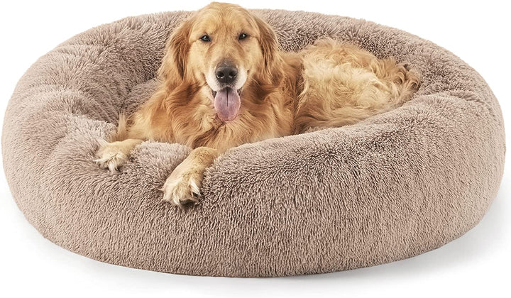 Calming Dog Bed Medium Size Dog - Donut Washable Medium Pet Bed, 30 Inches Anti-Slip round Fluffy Plush Faux Fur Cat Bed, Fits up to 45 Lbs Pets, Camel