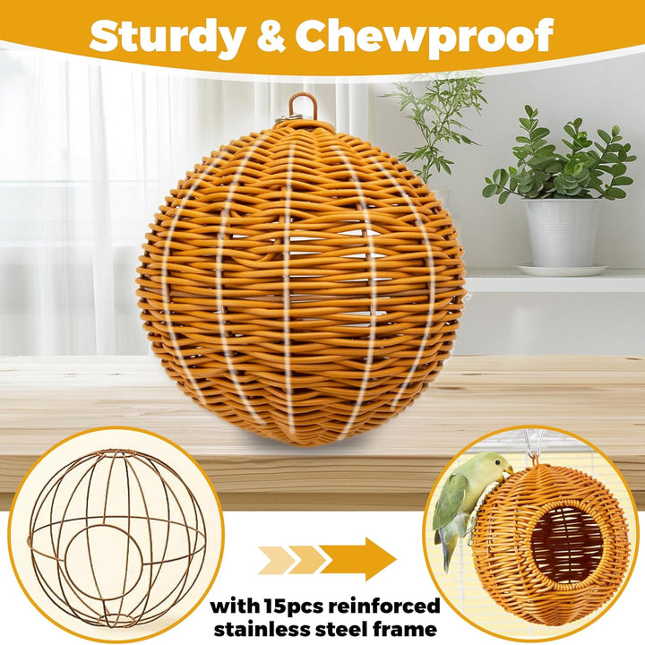 Chewproof Steel Frame Bird Nest for Cage, Washable Small Bird Bed Hammock Hideout Lay Eggs Parakeet Nest Sleep, Parakeet Warm Bed House Hut for Lovebird, Canary, Budgie, Finch (Brown)