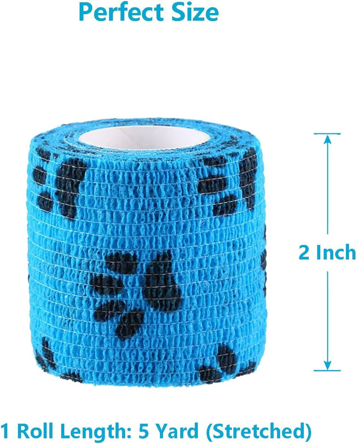 Pet Wrap, Self-Adhesive, Only Sticks to Itself, Non-Woven Tape for Dog Legs, Paws, Wounds, First Aid Cohesive Gauze for Horse, Cat, Bird, Animal, 6 Rolls, 2 Inch, Pawprints A