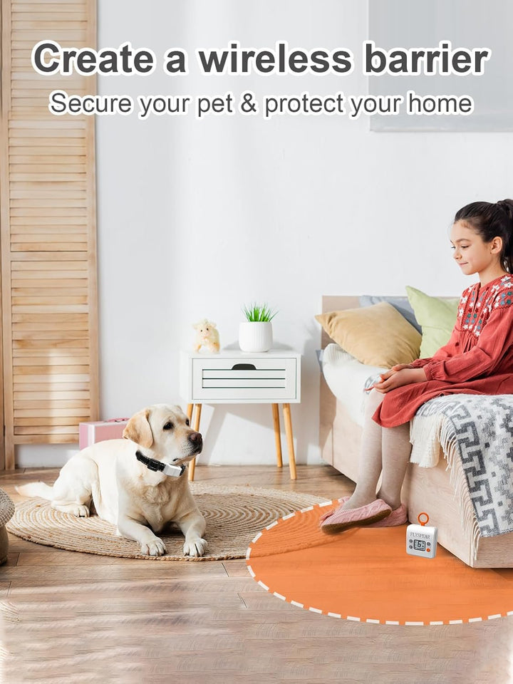 Wireless Pet Barrier - Rechargeable Indoor Barrier with 6 Adjustable Range Radius up to 7 Ft, 6 Adjustable Safe Static Intensity, Electric Fence System for Dogs with Hook (White)