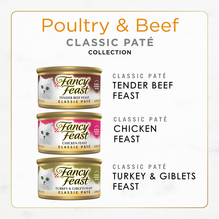 Poultry and Beef Feast Classic Pate Collection Grain Free Wet Cat Food Variety Pack - (Pack of 30) 3 Oz. Cans