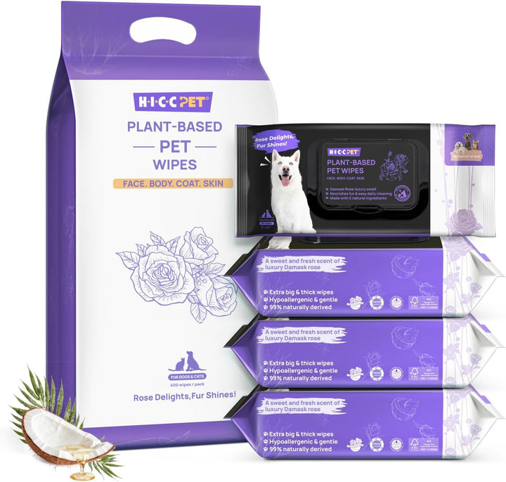 Wipes for Dogs and Cats, Vet-Recommended Pets Cleaning Wipes, Deodorizing Hydrating, Nourishes Smoothes Fur, Fermented Coconut Oil Grooming Paws, Body and Butt, Thicken, Rose, 100 Count