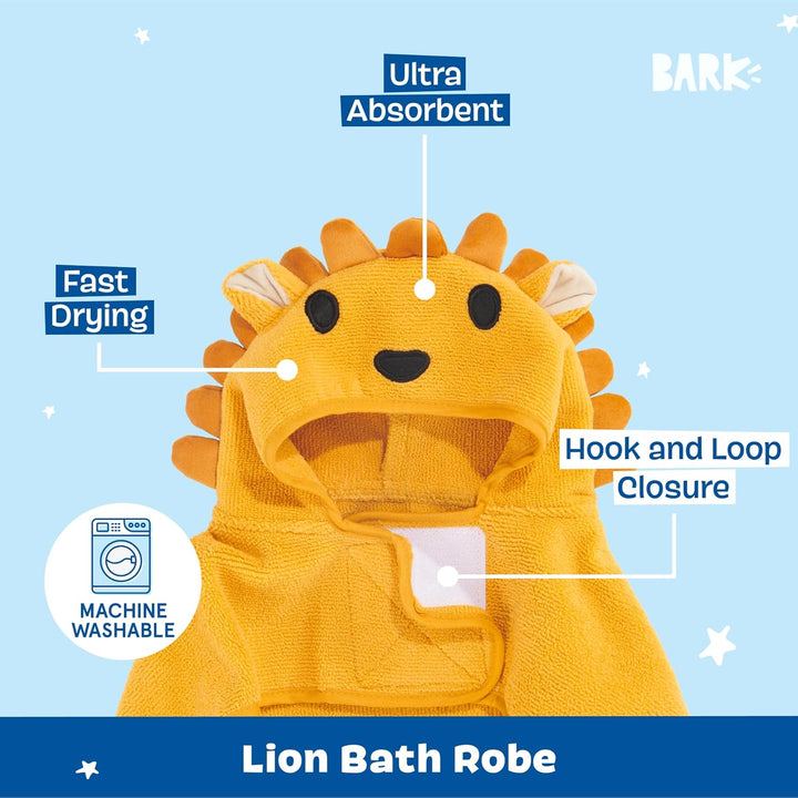 Dog Bathrobe Fast Drying with Hook and Loop Closure & Wrap Tie Snuggle, Cute Dogs Clothes, Easy to Clean, Machine Washable, Dog Coats and Tumble Dry Low - Lion, Small
