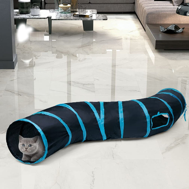 Cat Tunnel, S-2-Way Cat Tunnels for Indoor Cats, Collapsible Cat Play Tunnel, Interactive Toy Maze Cat House with 1 Play Ball for Cats, Puppy, Kitty, Kitten, Rabbit (Blue & Black)