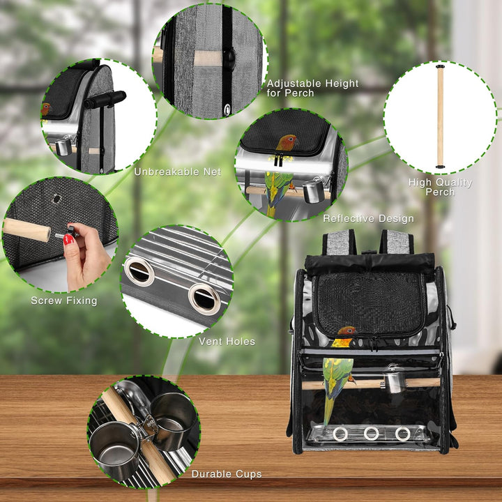 Bird Carrier Bag with Indestructible Stainless Steel Mesh, Bird Travel Cage with Stand, Easy to Clean Backpack for Parrot, Portable Bird Travel Bag, Pet Transparent Breathable Travel Cage