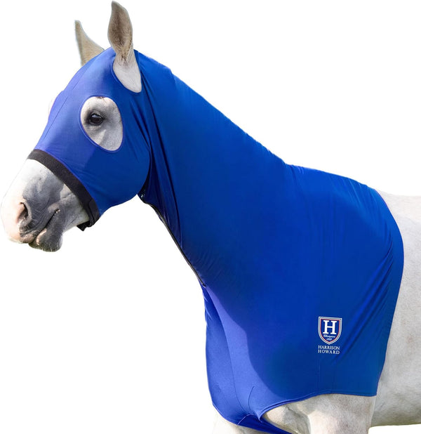 Horse Stretch Hood without Ears Snug Fitting Hood with Zip Closure Covers Face, Shoulders, Mane, Chest and Withers Perfect for Show/Event Preparation - Blue