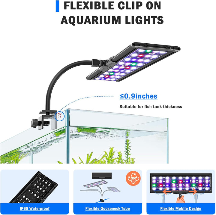 LED Aquarium Light, 24/7 Mode Clip on Fish Tank Light with Memory Function, DIY Mode Full Spectrum Aquarium Plant Light, Adjustable Timer/Brightness, IP68 Waterproof for 16-24 Inch Fish Tank 18W