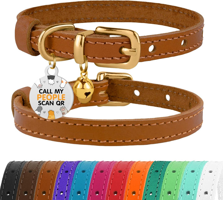 Leather Cat Collar with Removable Bells Non Breakaway Kitten QR Tag for Girl Boy (7" - 9" for Cats, Black & Gold)