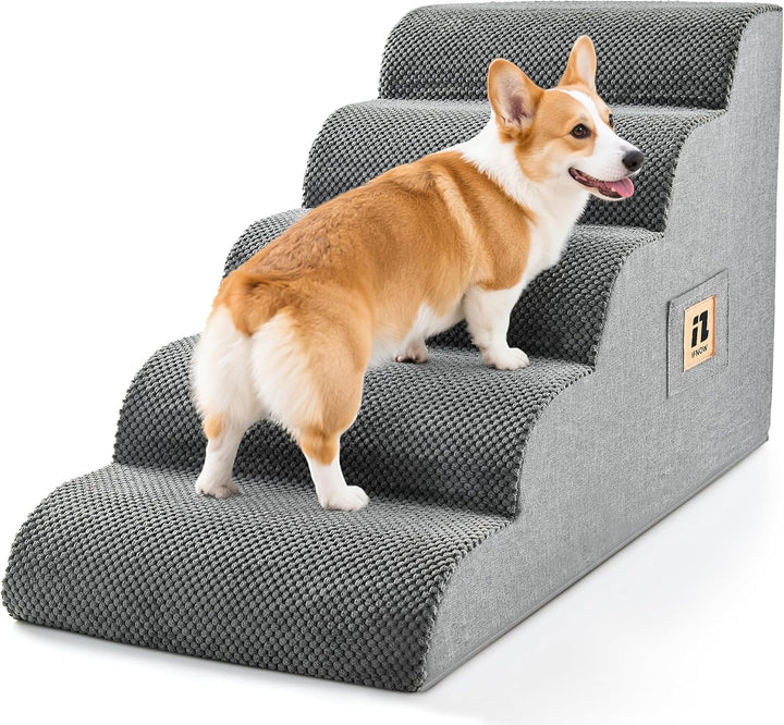 Dog Stairs for Small Dogs 15.7''H, 4-Step Sturdy Dog Steps for Bed, Couch, Sofa, Waterproof Pet Stairs for Older Cats, Puppy, Removable Washable Cover, Non-Slip Curved Pet Ramp Indoor, Grey