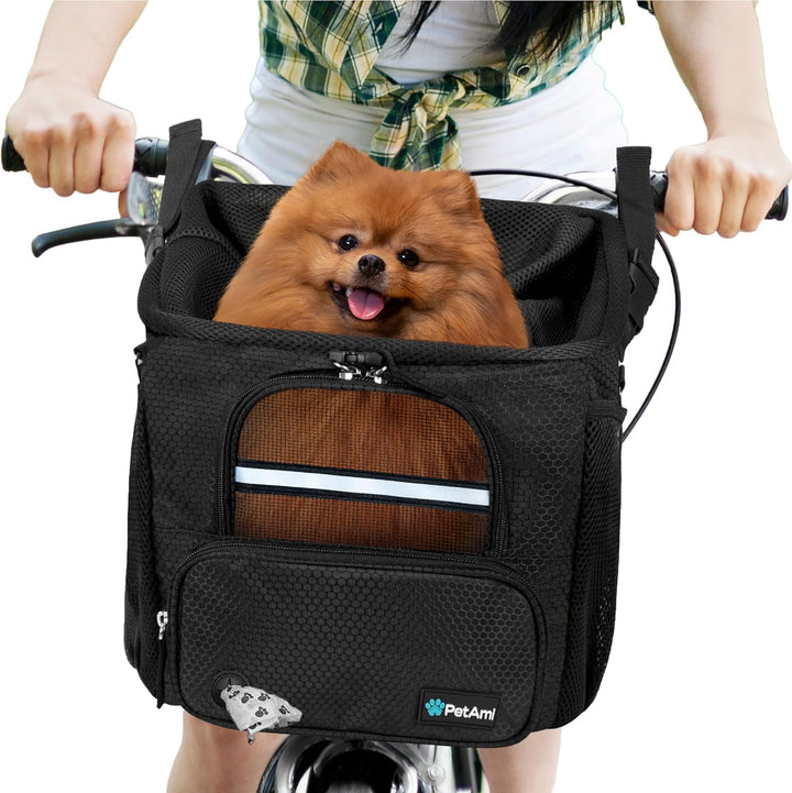 Dog Bike Basket, Soft-Sided Ventilated Dog Bike Carrier Backpack, Pet Bicycle Basket for Bike Handlebar, Small Medium Puppy Cat Kitten Car Booster Seat with Safety Strap, Max 18 Lbs, Dark Gray