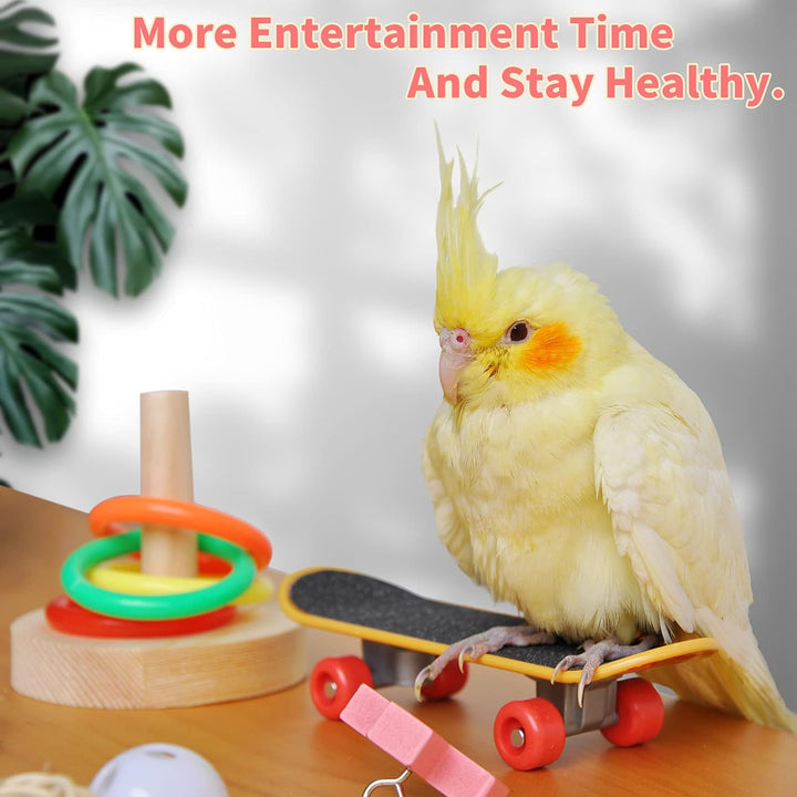Bird Toys for Parakeets,5Pcs Parrot Toys Set （Include Bird Basketball Toy、Bird Skateboard、Bird Stacking Toy、Parrot Wooden Block Puzzles Toy、Small Sepak Takraw）,Parakeet Toys、For Bird Training Toys12