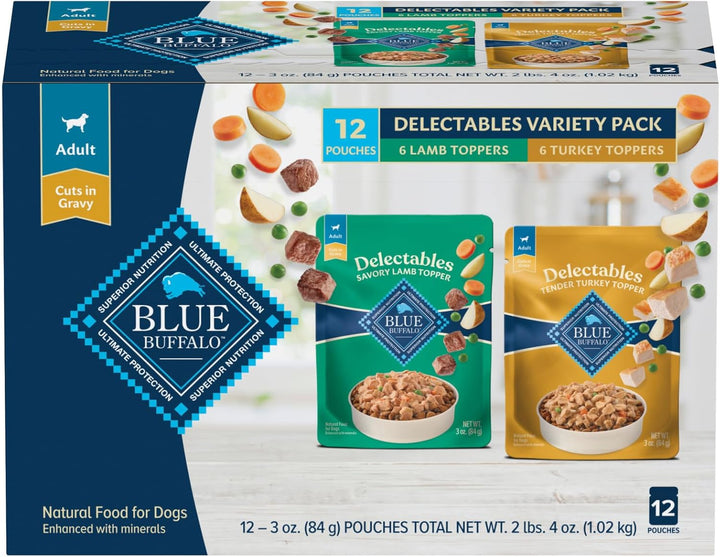 Delectables Natural Wet Dog Food Toppers Variety Pack, Tasty Chicken & Hearty Beef, Cuts in Gravy, 3-Oz. (12 Pouches, 6 of Each Flavor)