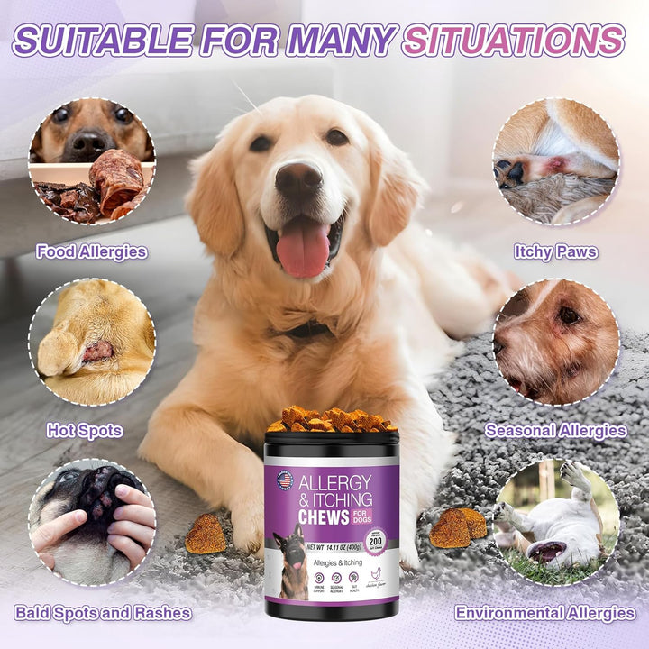Dog Allergy Chews 200Pcs - Dog Allergy and Itching Skin Relief anti Itch Aller Immune Bites for Dogs Itching Licking Paws Treatment Relief Itchy Chew Probiotics Vitamins for Skin and Coat Allergies