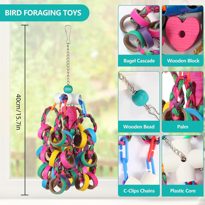 Bird Toys Conure Toys,Bird Parrot Foraging Shredder 24 Pcs Colorful Bagel Chewy Rings for Small Parrots Parakeets Conures Cockatiels Love Bird Cage Accessies (W)