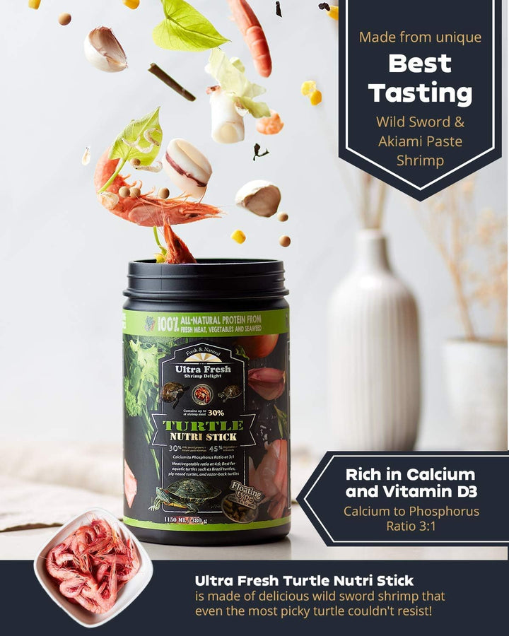 - Turtle Nutri Stick, Wild Sword Prawn, Calcium & Vitamin D Enriched Aquatic Turtle Food with Probiotics for Picky Turtles, Made from All Natural Ingredients 3.35 Oz