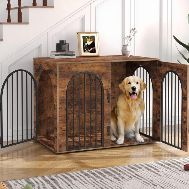 31.5'' Wooden Dog Crate Furniture, Indoor Dog Kennel Dogs Cage for Small/Medium Dogs, Heavy Duty Dog Crates Decorative Pet House End Side Table TV Stand, White Brown DFC85114B