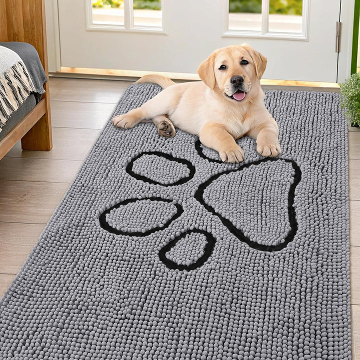 Dog Door Mat for Muddy Paws, Absorbent Dirt Trapper Non Slip Quick Dry Washable Chenille Mat for Mud Dogs, Entry Rug for Indoor and Outdoor (30X20 Inches, Grey)