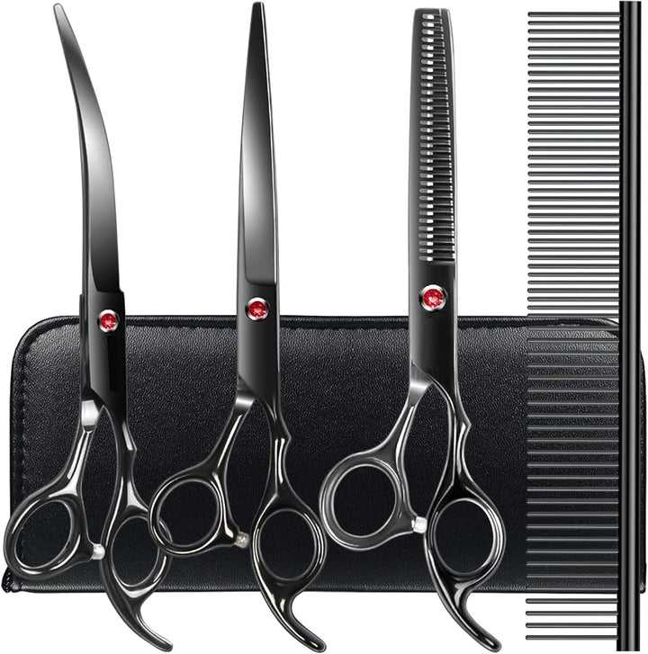 5 In1 Dog Grooming Scissors Kit, Professional Dog Scissors for Grooming with Safety round Tips, Titanium Coated Grooming Shears for Dogs Cat Pet at Home